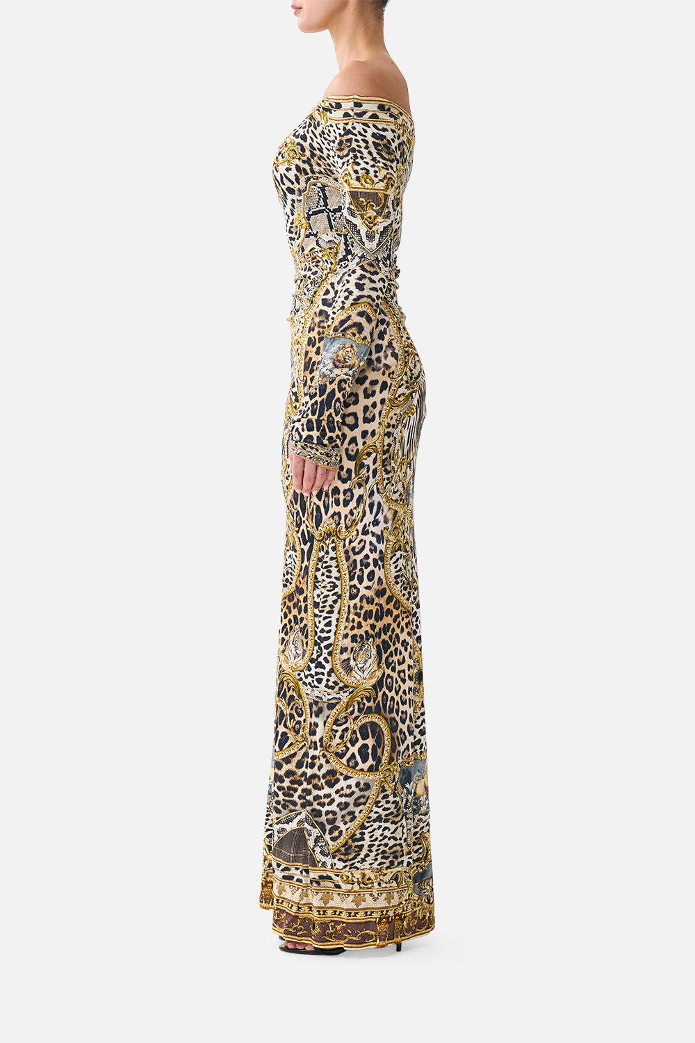 The CAMILLA Off Shoulder Gathered Jersey Dress Leopard Libertine in our Leopard Libertine print.