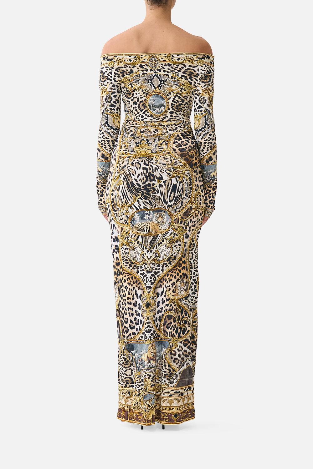 The CAMILLA Off Shoulder Gathered Jersey Dress Leopard Libertine in our Leopard Libertine print.