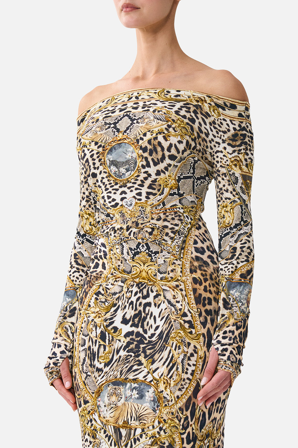 The CAMILLA Off Shoulder Gathered Jersey Dress Leopard Libertine in our Leopard Libertine print.