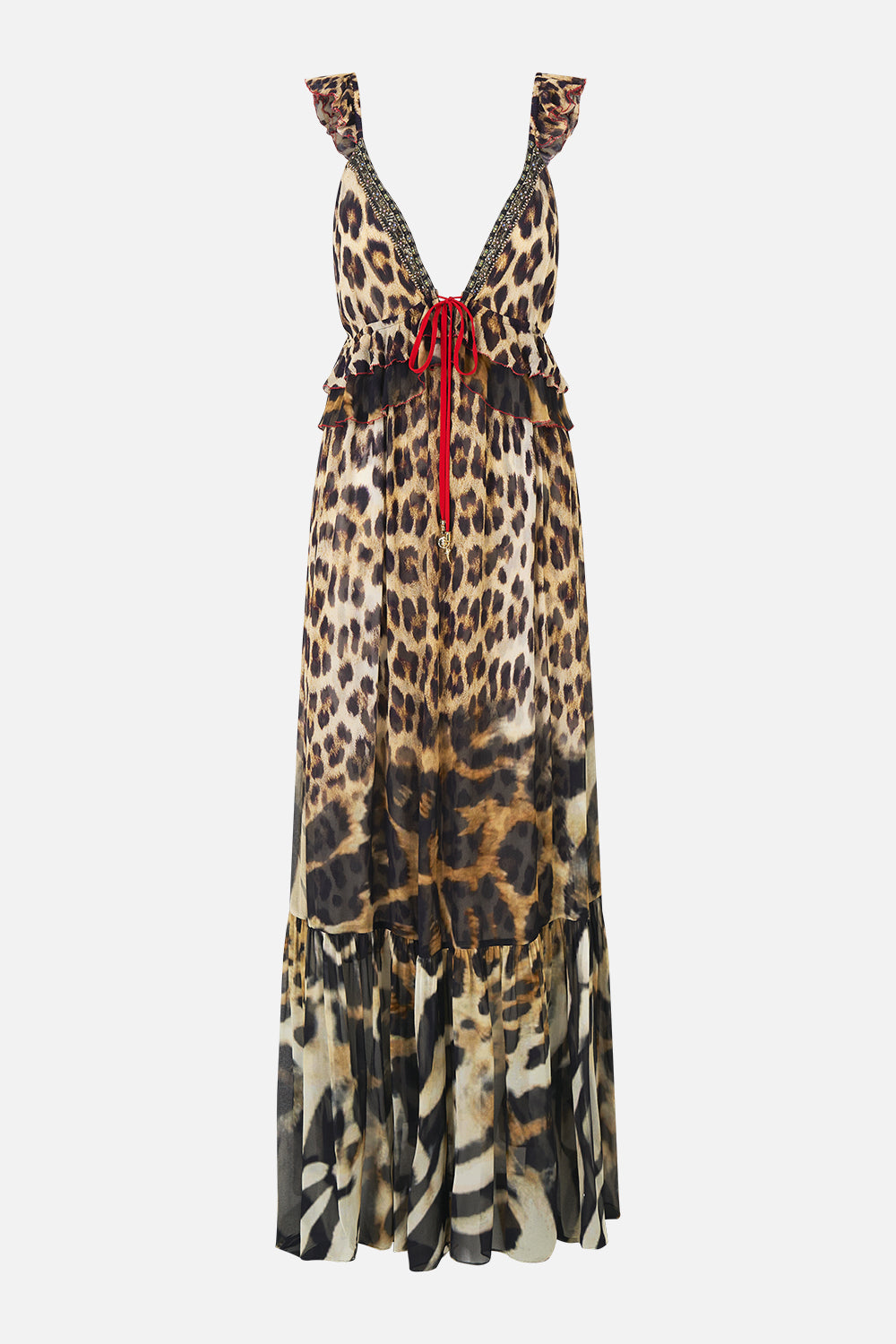 The CAMILLA FRILL BRALETTE LONG DRESS LEOTIGRA LAND in our  print.