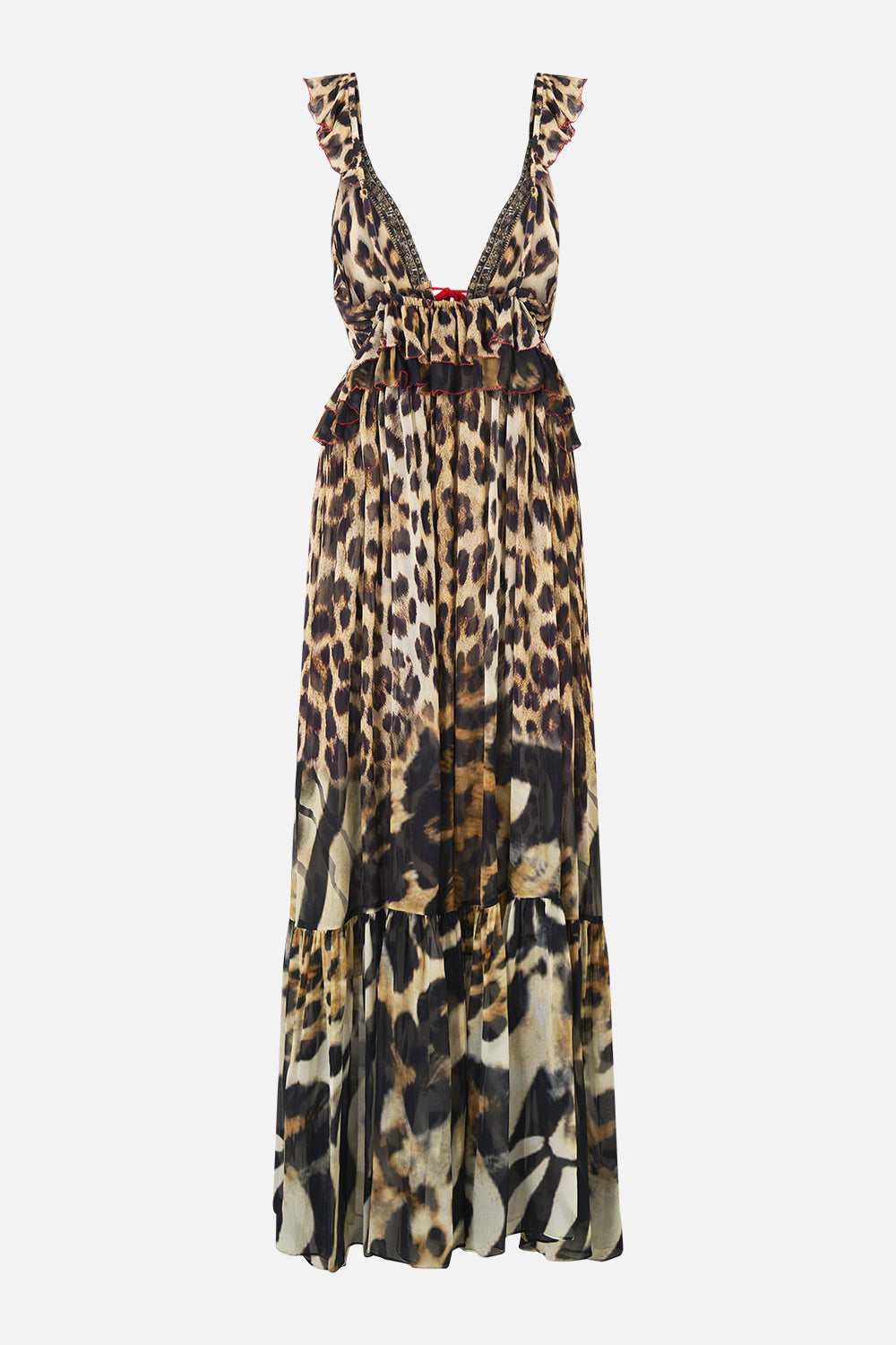 The CAMILLA FRILL BRALETTE LONG DRESS LEOTIGRA LAND in our  print.