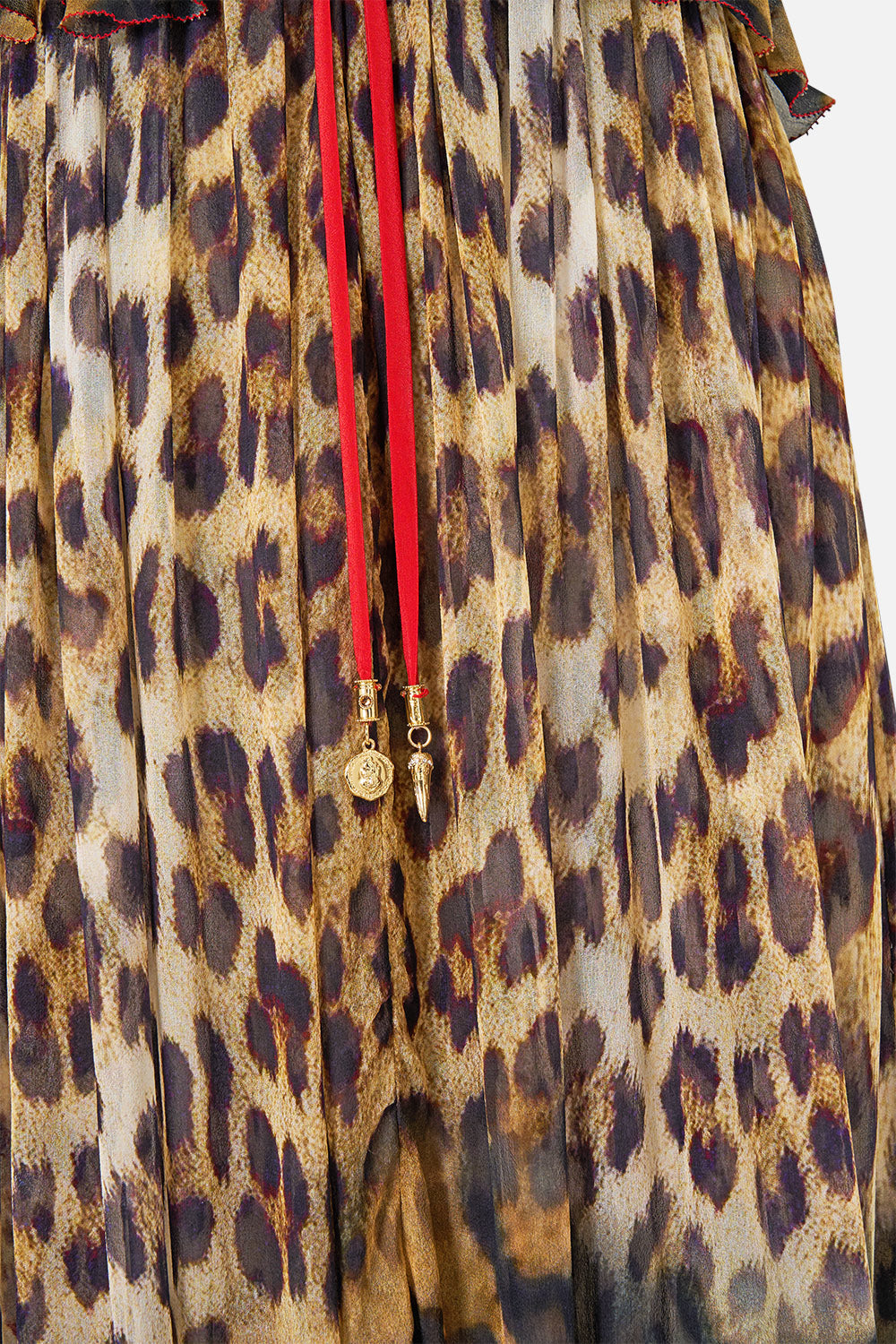 The CAMILLA Frill Bralette Long Dress in our Leotigra Land print, fabric detail.