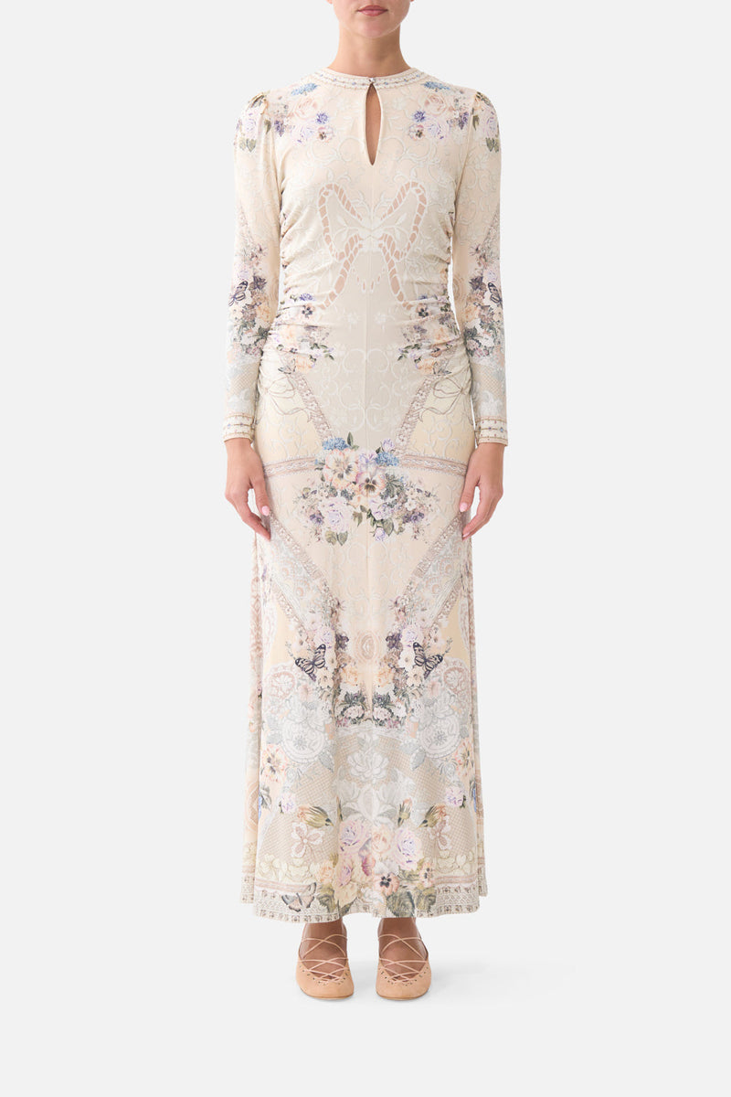 camilla lace up dress by bella chic CAMILLA Lace-trimmed ruffled floral-print silk-chiffon maxi dress