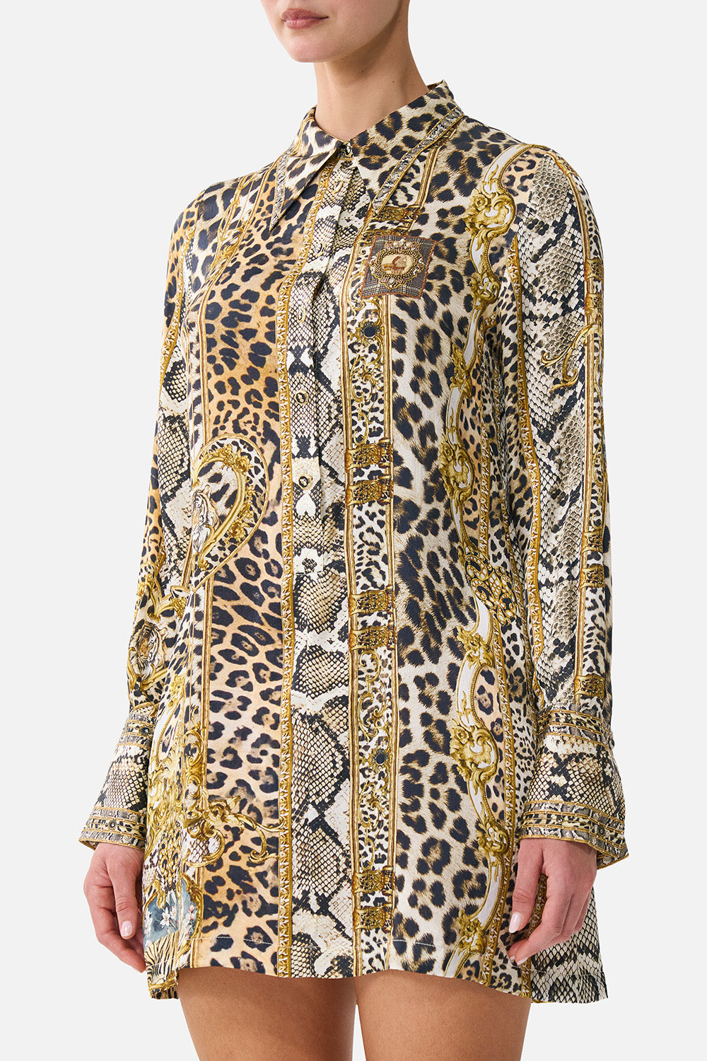 The CAMILLA Mini Shirt Dress Leopard Libertine in our Leopard Libertine print.