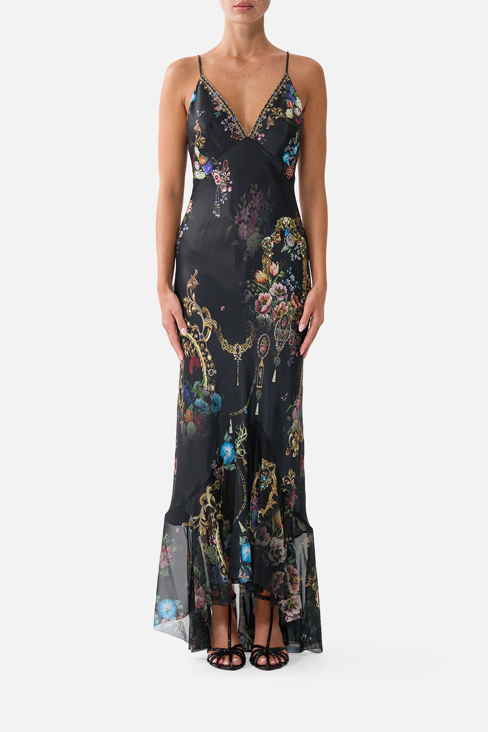 The CAMILLA V NECK SLIP DRESS WITH FLOUNCE HEM NIGHT GARDENNIGHT GARDEN
