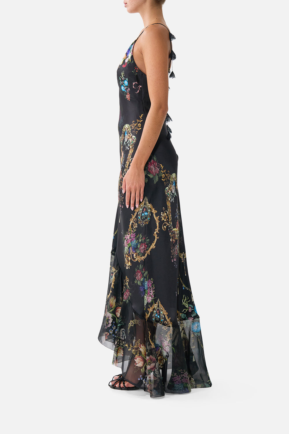 The CAMILLA V NECK SLIP DRESS WITH FLOUNCE HEM NIGHT GARDEN