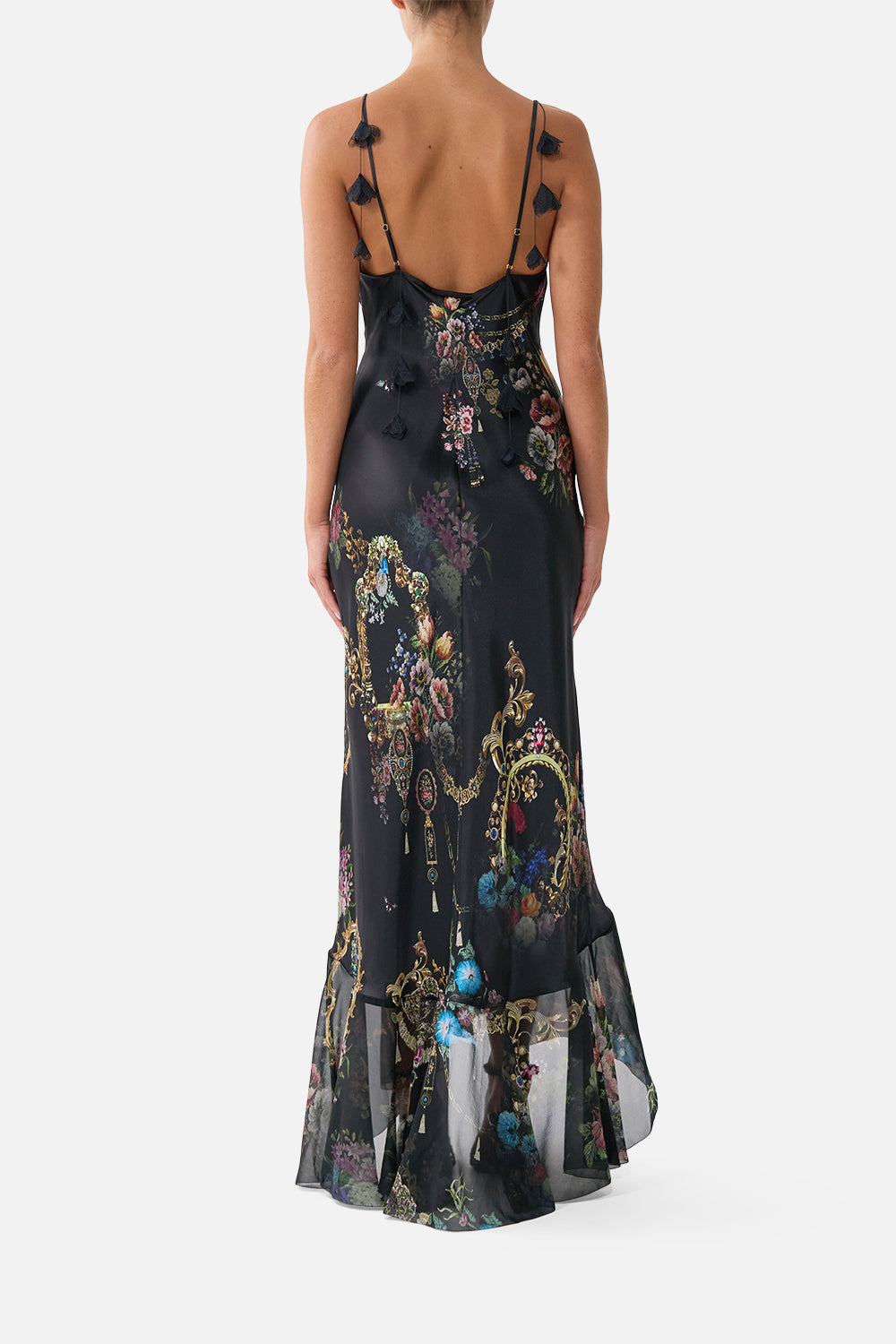 The CAMILLA V NECK SLIP DRESS WITH FLOUNCE HEM NIGHT GARDEN