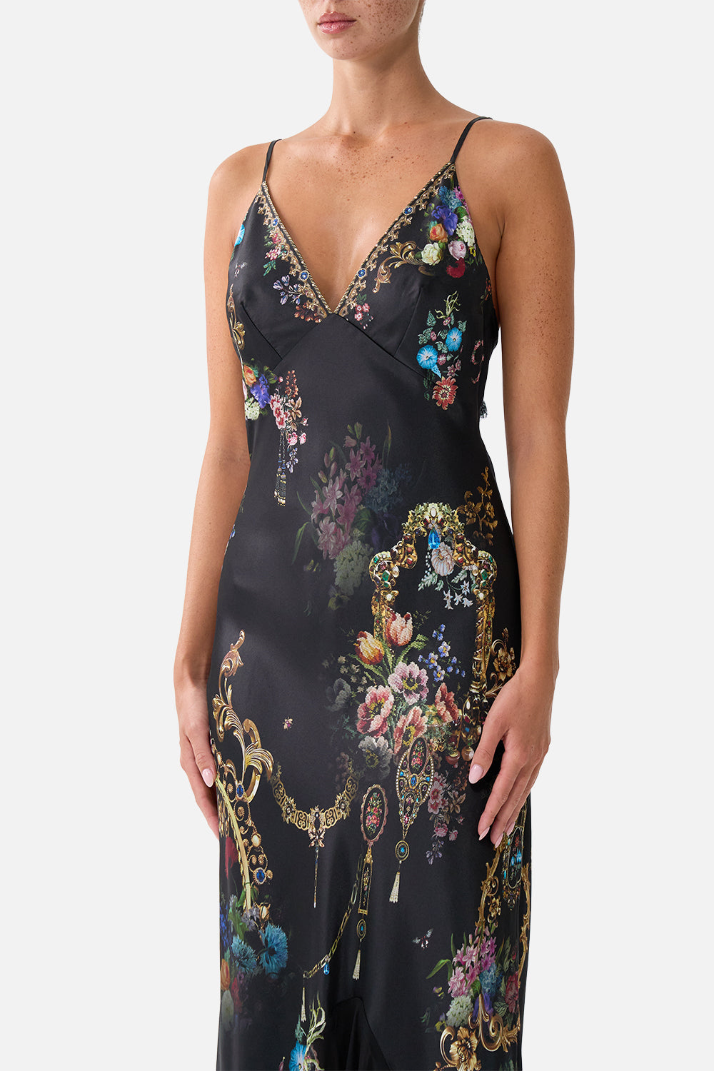 The CAMILLA V NECK SLIP DRESS WITH FLOUNCE HEM NIGHT GARDEN