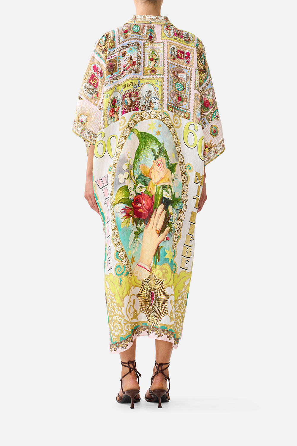 The CAMILLA DEEP V NECK KAFTAN WITH CURVED SEAM PAINTED PRAYERS
