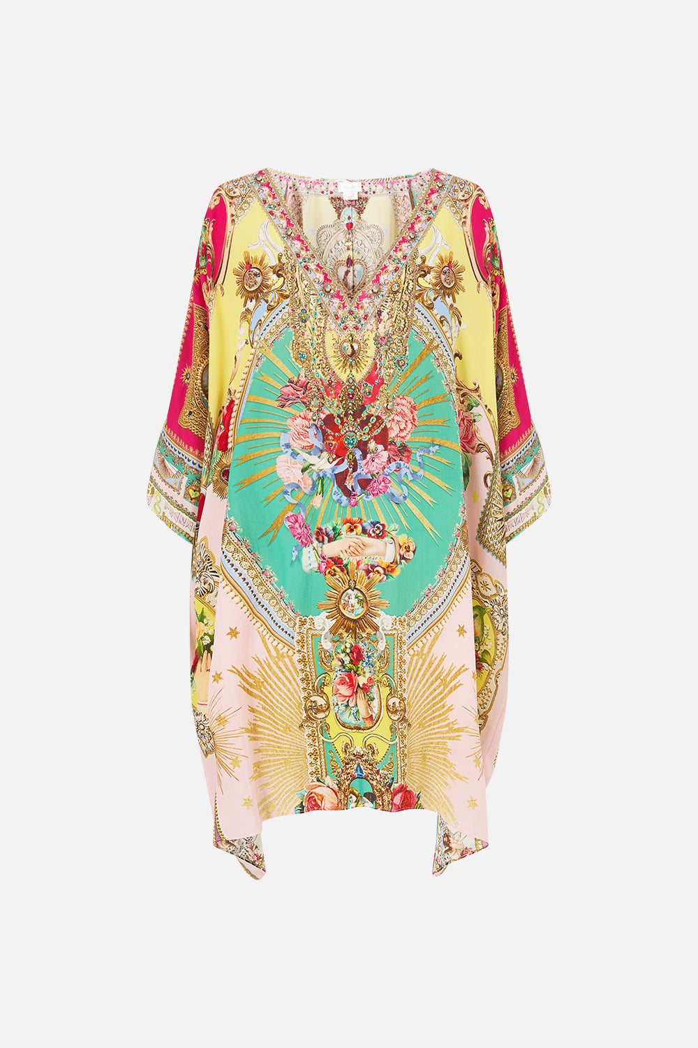 The CAMILLA TIE SLEEVE SHORT V NECK KAFTAN PAINTED PRAYERS