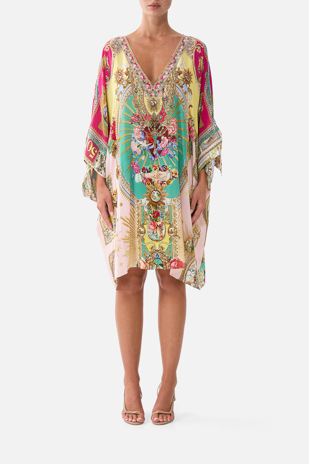 TIE SLEEVE SHORT V NECK KAFTAN PAINTED PRAYERS