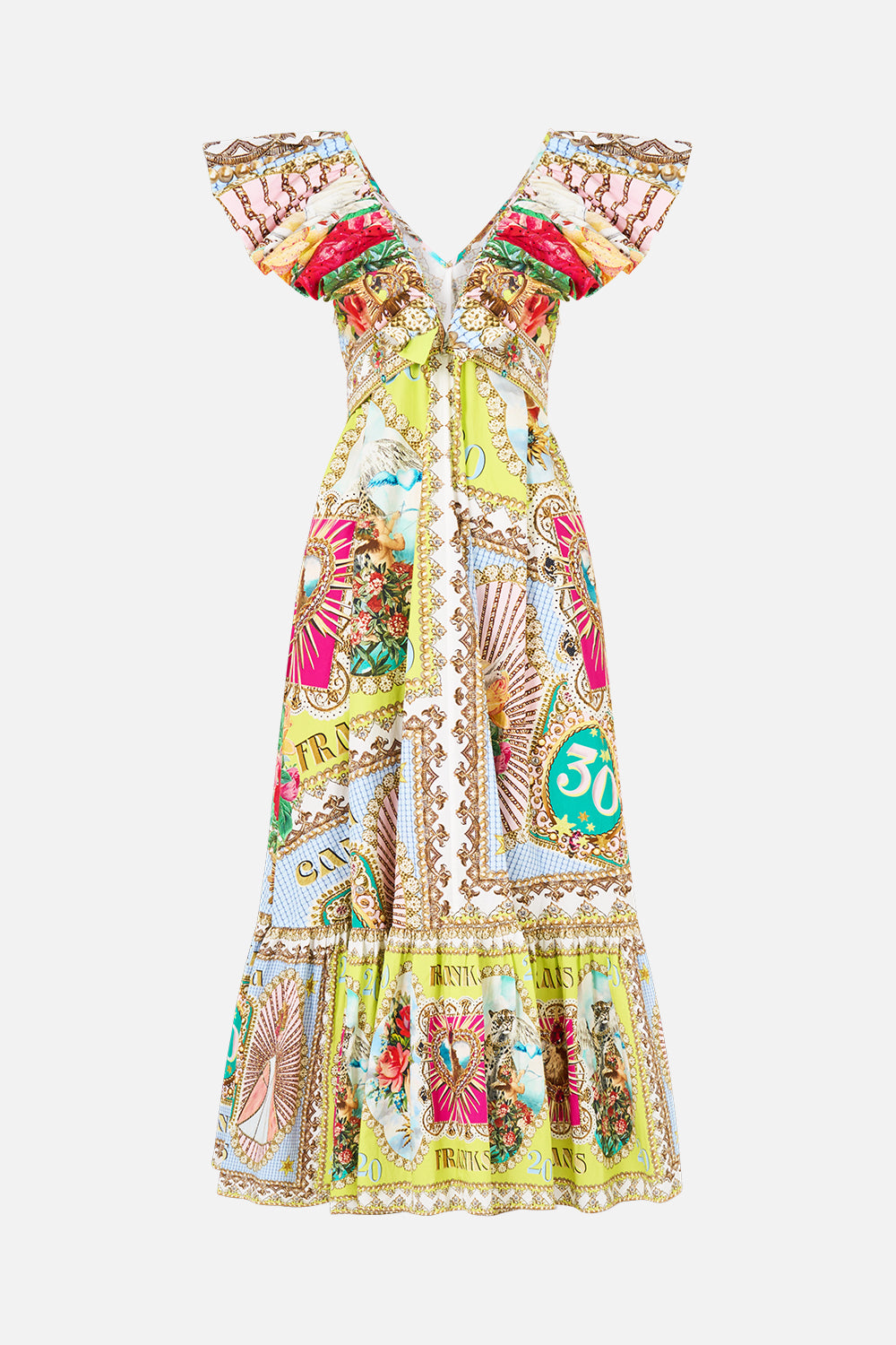 VESTIDO MIDI CON CUELLO CON VOLANTES PRAYERS ESTAMPADO