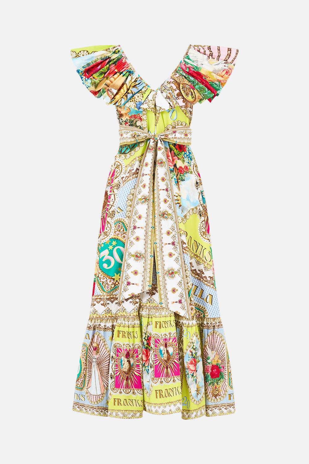 VESTIDO MIDI CON CUELLO CON VOLANTES PRAYERS ESTAMPADO