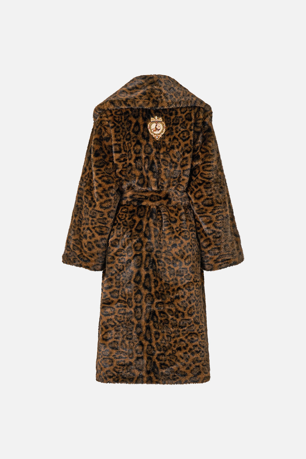 The CAMILLA Faux Fur Long Wrap Coat Leopard Libertine in our Leopard Libertine print.
