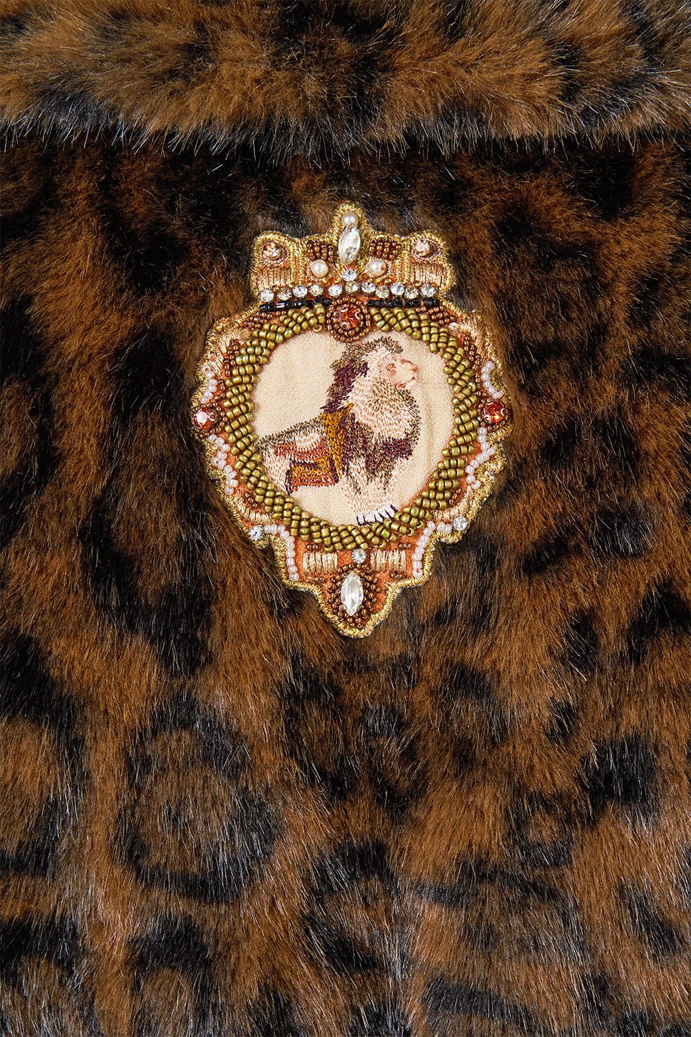 The CAMILLA Faux Fur Long Wrap Coat Leopard Libertine in our Leopard Libertine print.