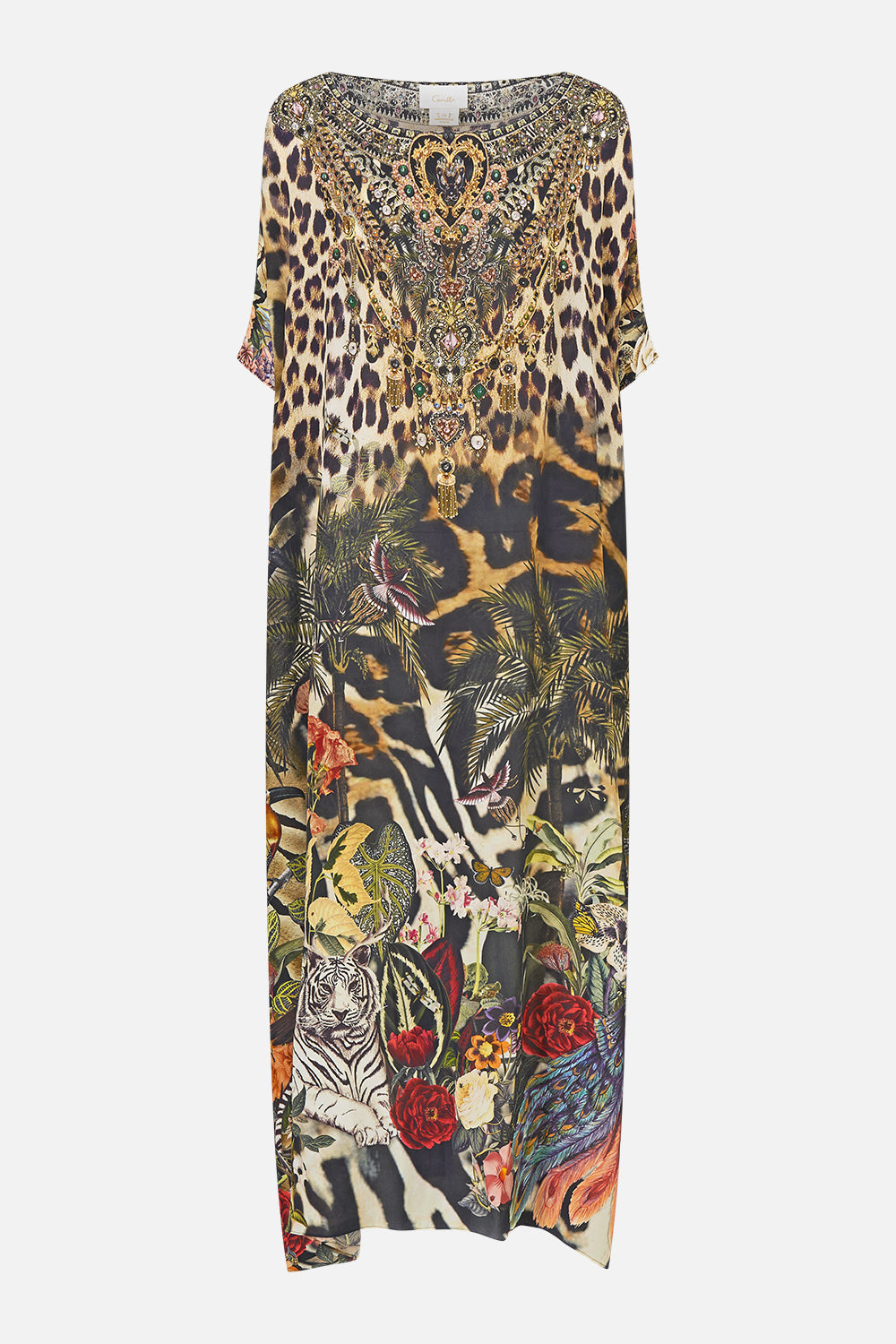 The CAMILLA Round Neck Kaftan in our Leotigra Land print, front view.