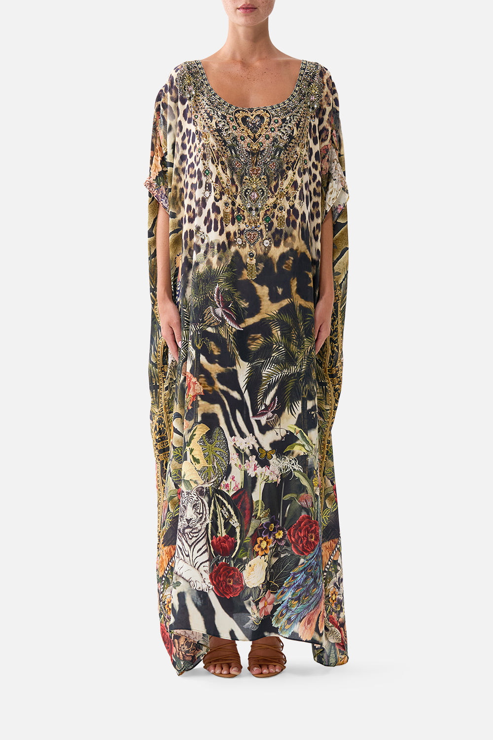The CAMILLA Round Neck Kaftan in our Leotigra Land print, front view on model.