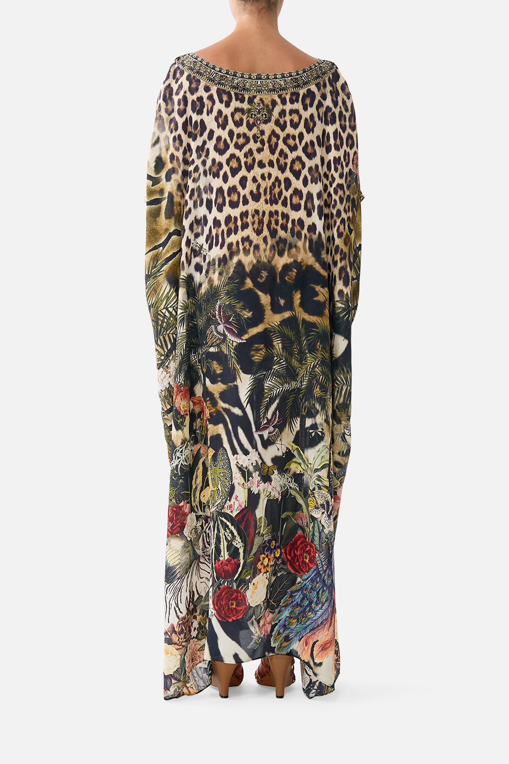 The CAMILLA Round Neck Kaftan in our Leotigra Land print, back view on model.