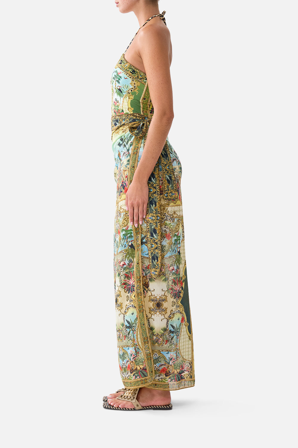 The CAMILLA Wrap Sarong in our Wanderlust Empire print, side view on model.