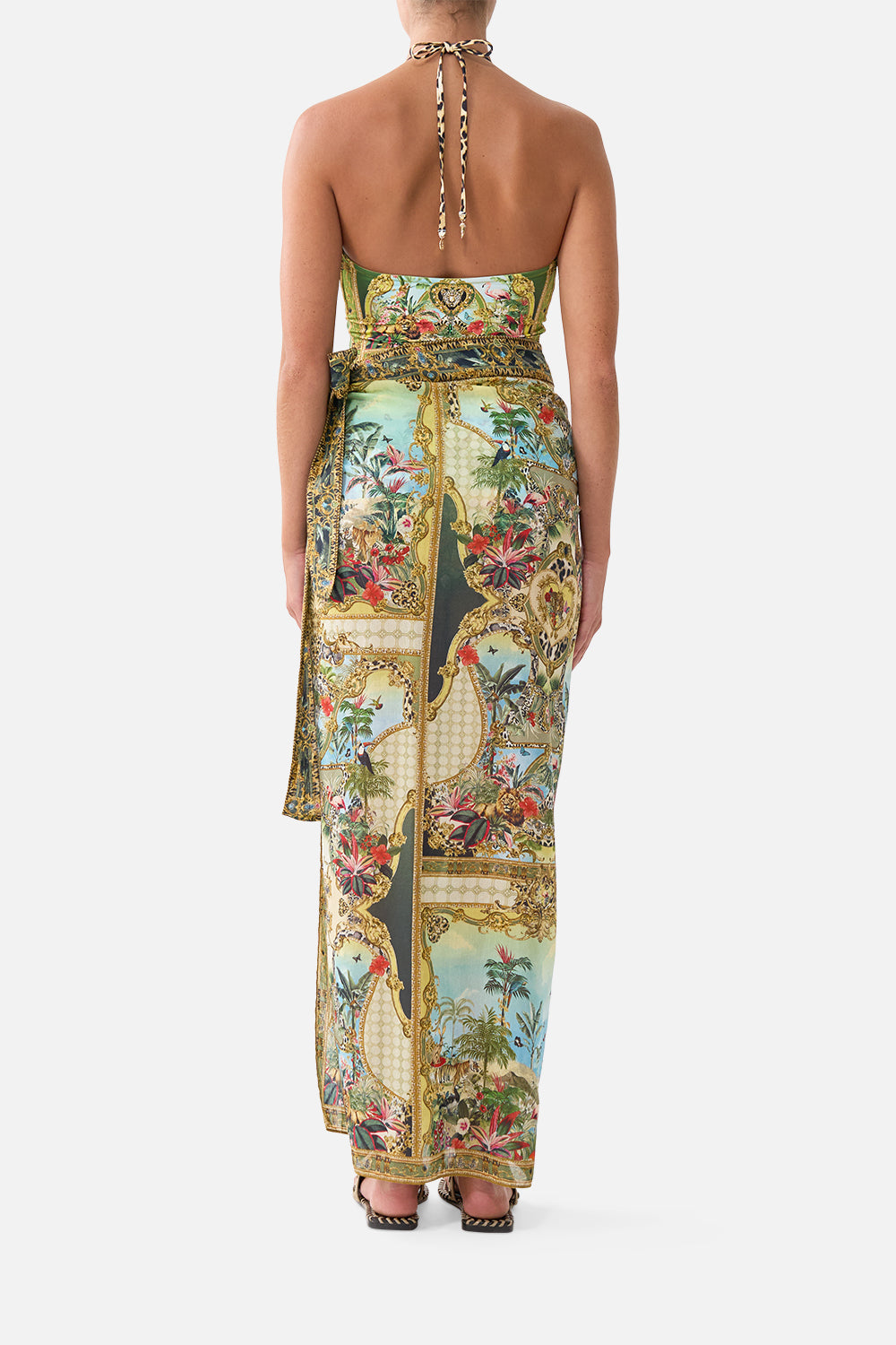 The CAMILLA Wrap Sarong in our Wanderlust Empire print, back view on model.