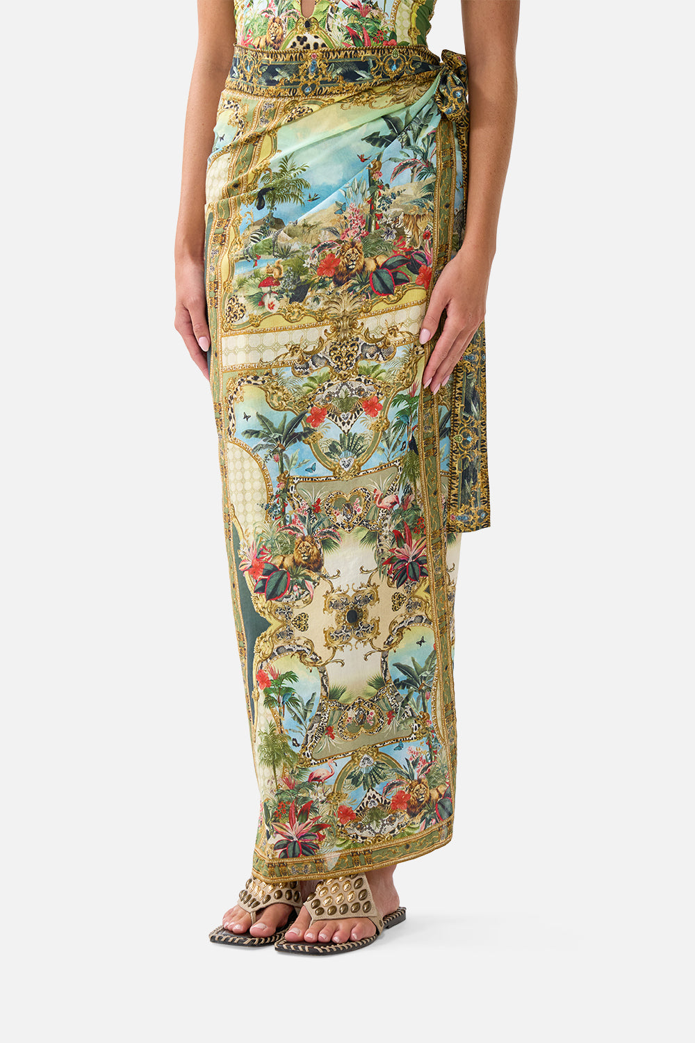 The CAMILLA Wrap Sarong in our Wanderlust Empire print, detail view on model.