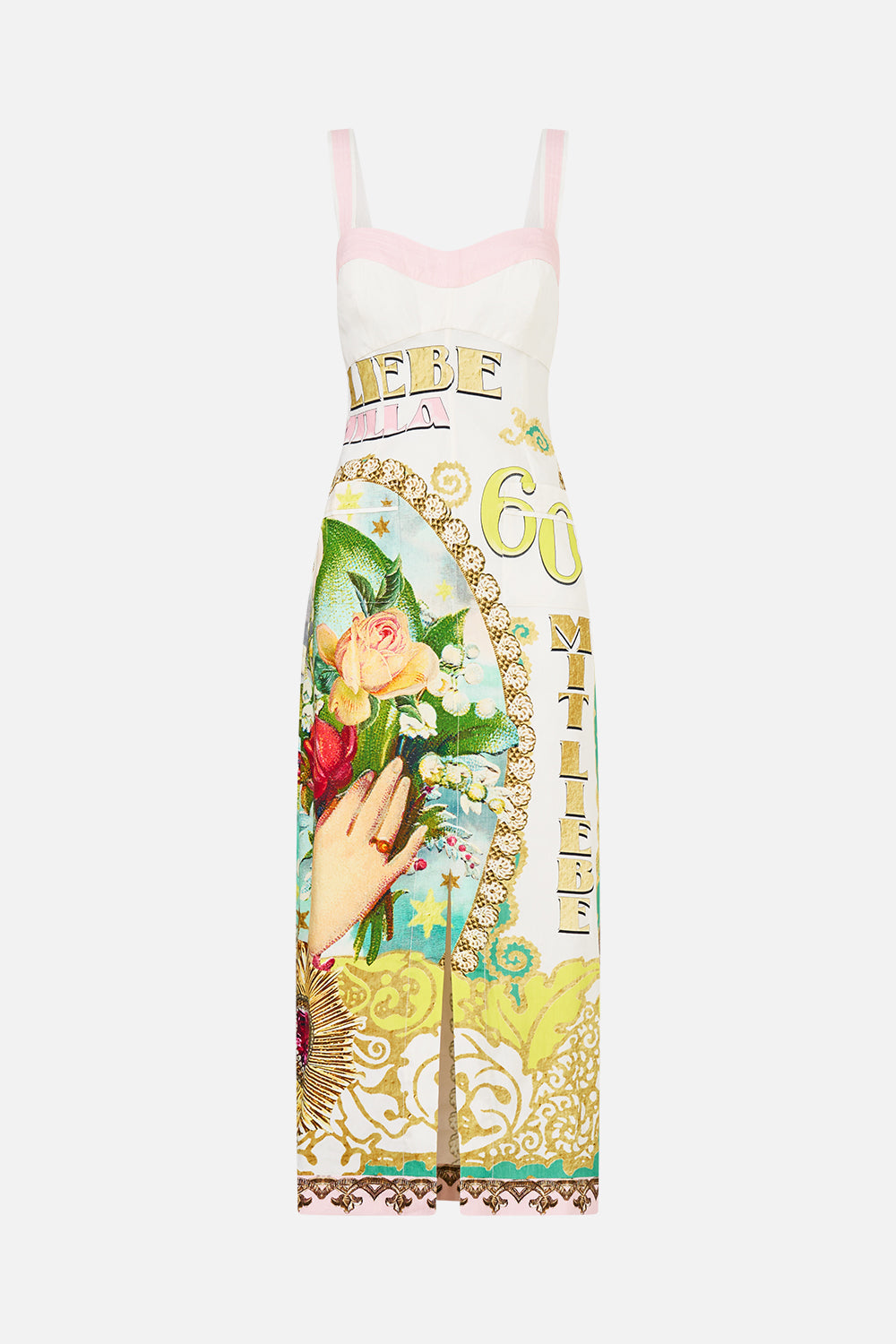 VESTIDO MIDI CEÑIDO CON PESPUNTES ORACIONES PINTADAS