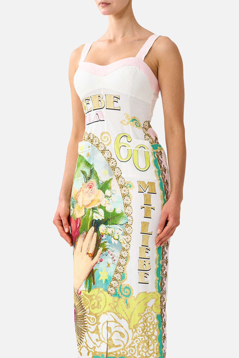 The CAMILLA FORM FITTED MIDI DRESS WITH TOPSTITCHING PAINTED PRAYERS