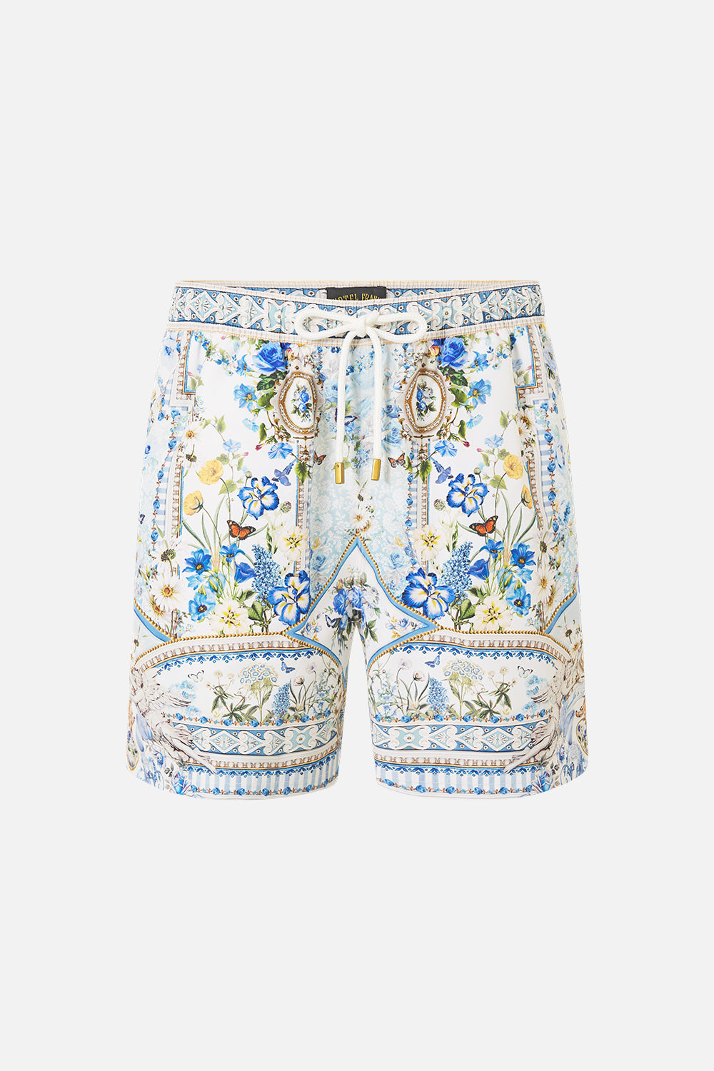 The CAMILLA MID LENGTH BOARDSHORT WITH ELASTIC WAIST DANDELION SKIES