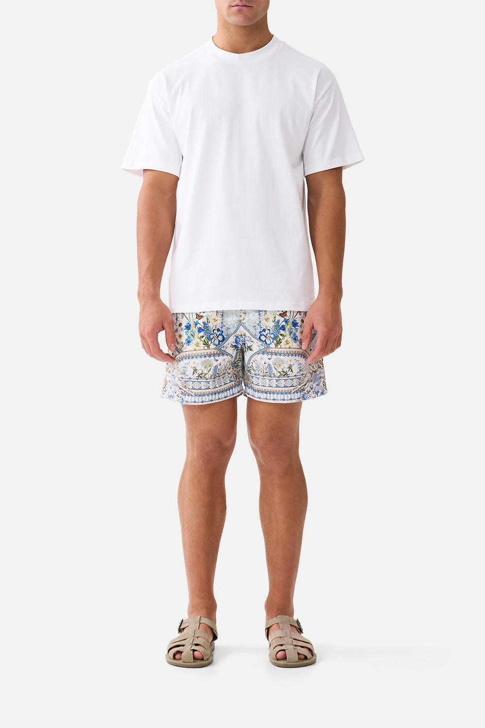 The CAMILLA MID LENGTH BOARDSHORT WITH ELASTIC WAIST DANDELION SKIESDANDELION SKIES