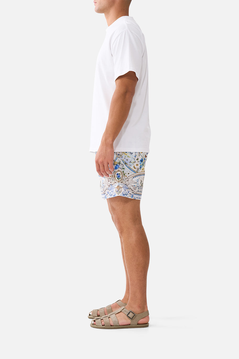 The CAMILLA MID LENGTH BOARDSHORT WITH ELASTIC WAIST DANDELION SKIES