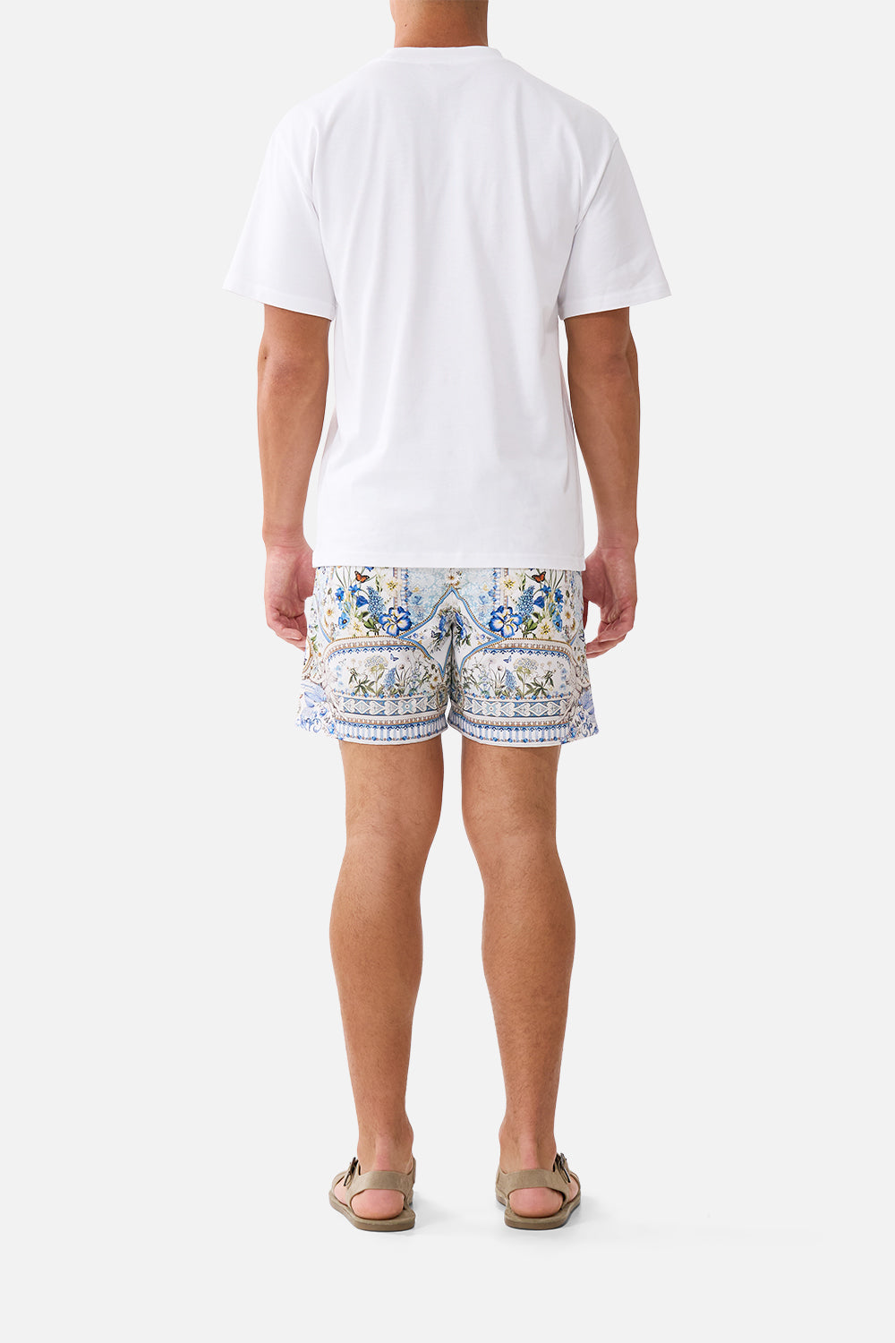 The CAMILLA MID LENGTH BOARDSHORT WITH ELASTIC WAIST DANDELION SKIES