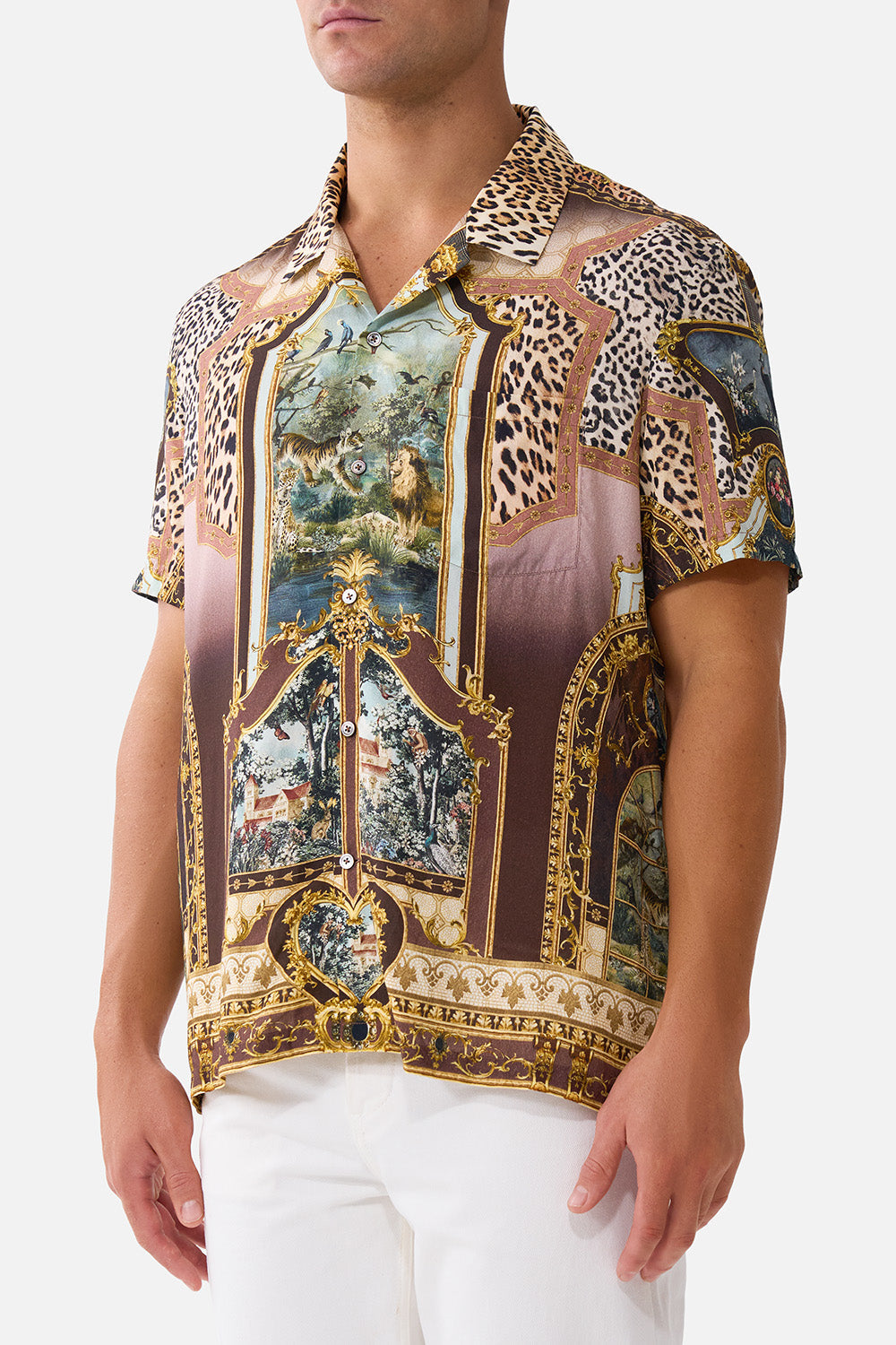 The CAMILLA Short Sleeve Camp Collared Shirt Animals in the Palace in our Animals in the Palace print.
