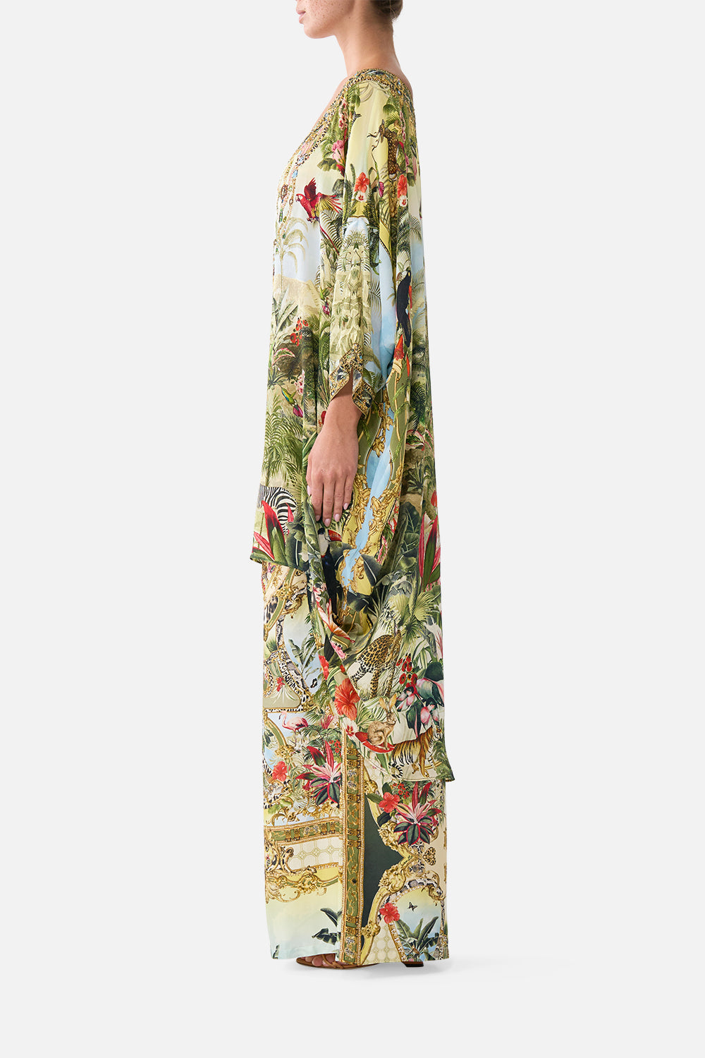 The CAMILLA Scoop Back Hem Dress in our Wanderlust Empire print, side view on model.