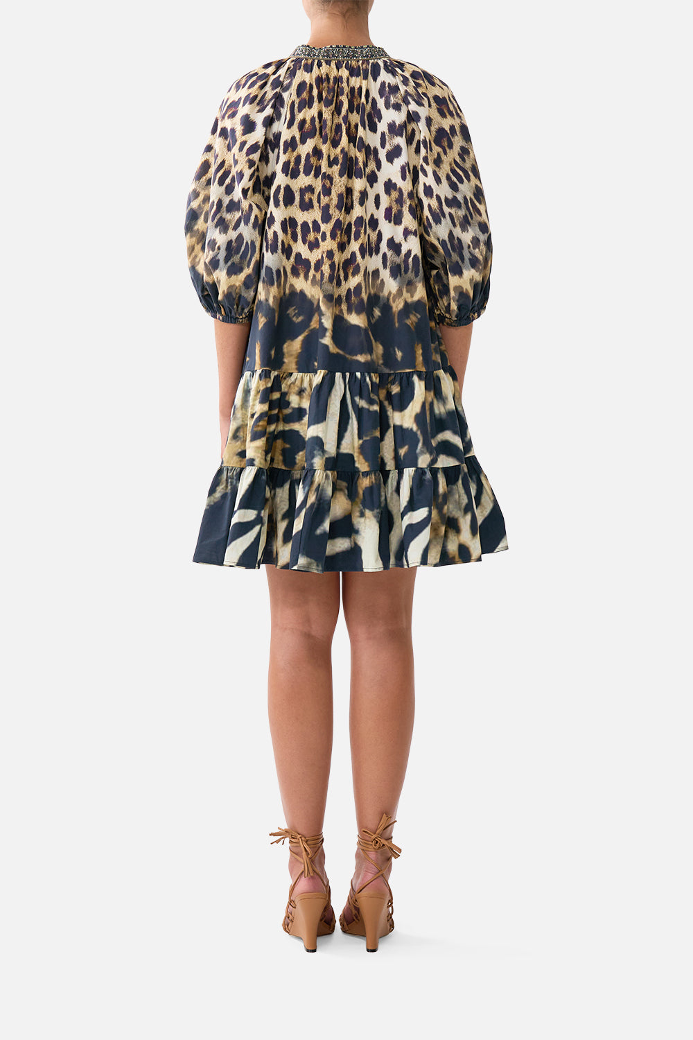 The CAMILLA Puff Sleeve Shirt Dress in our Leotigra Land print, back view on model.