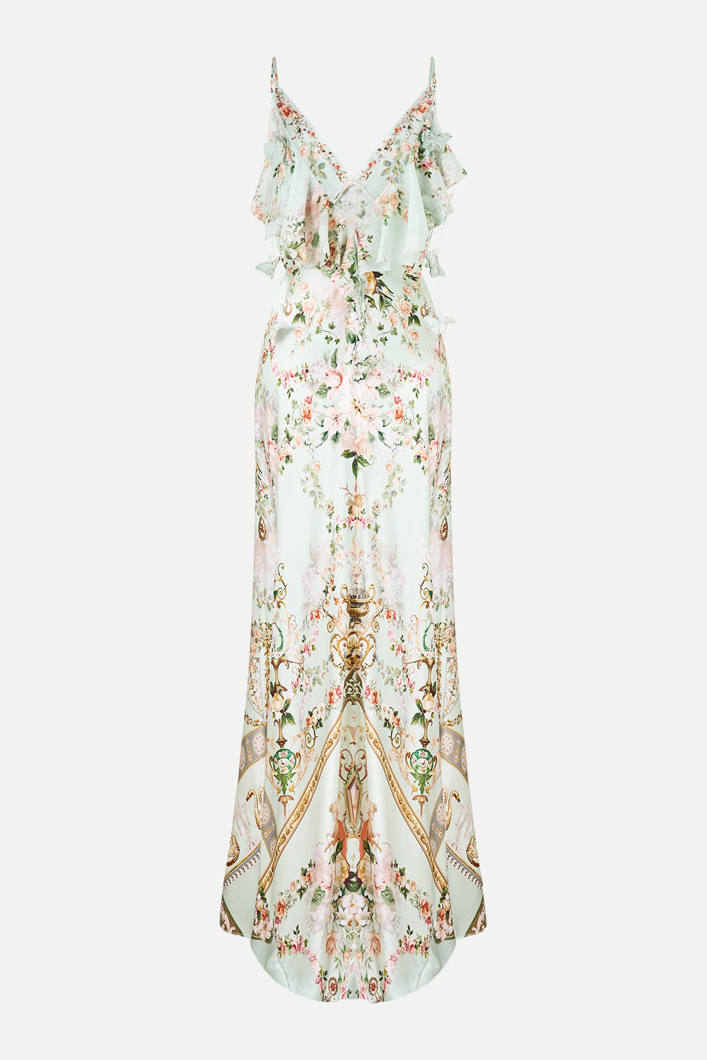 VESTIDO LENCERO AL BIES CON CUELLO EN V Y VOLANTE TRASERO ESTAMPADO FLORAL WILD FLOWER WUNDERLAND