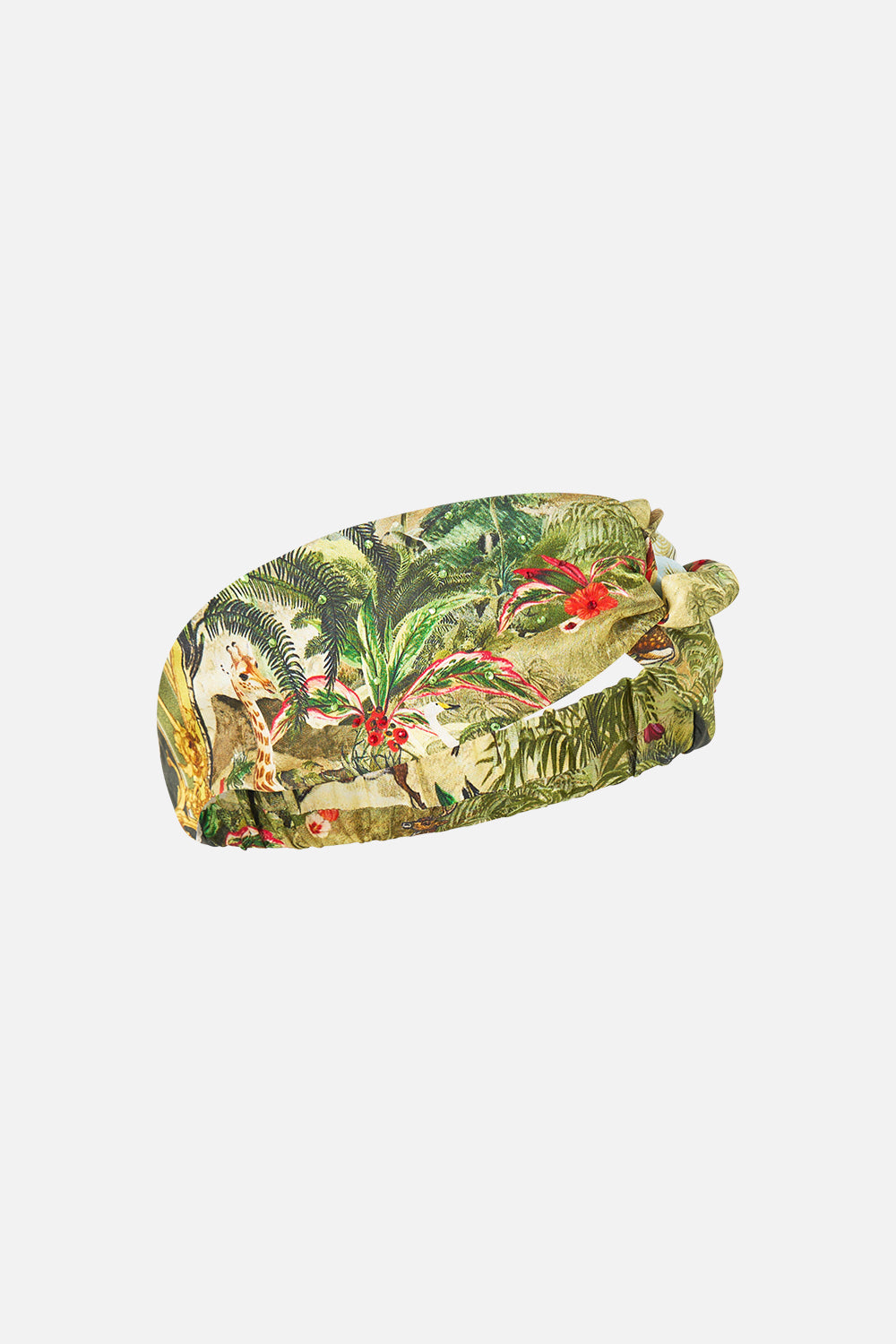 The CAMILLA Woven Twist Headband in our Wanderlust Empire print, back view.