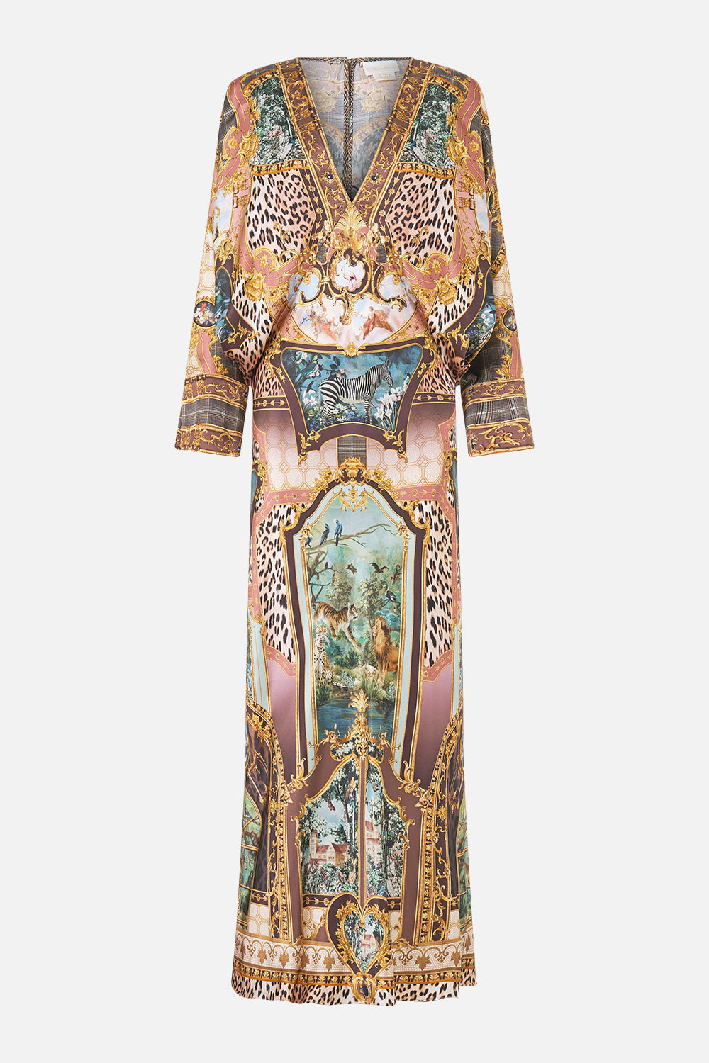 The CAMILLA PLUNGE NECK DRAPED SHOULDER DRESS ANIMALS IN THE PALACE