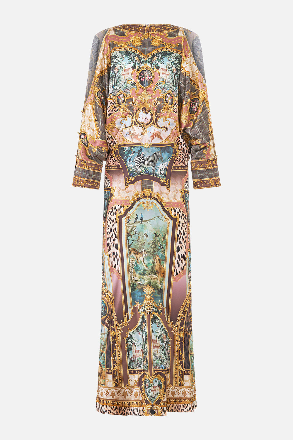 The CAMILLA PLUNGE NECK DRAPED SHOULDER DRESS ANIMALS IN THE PALACE