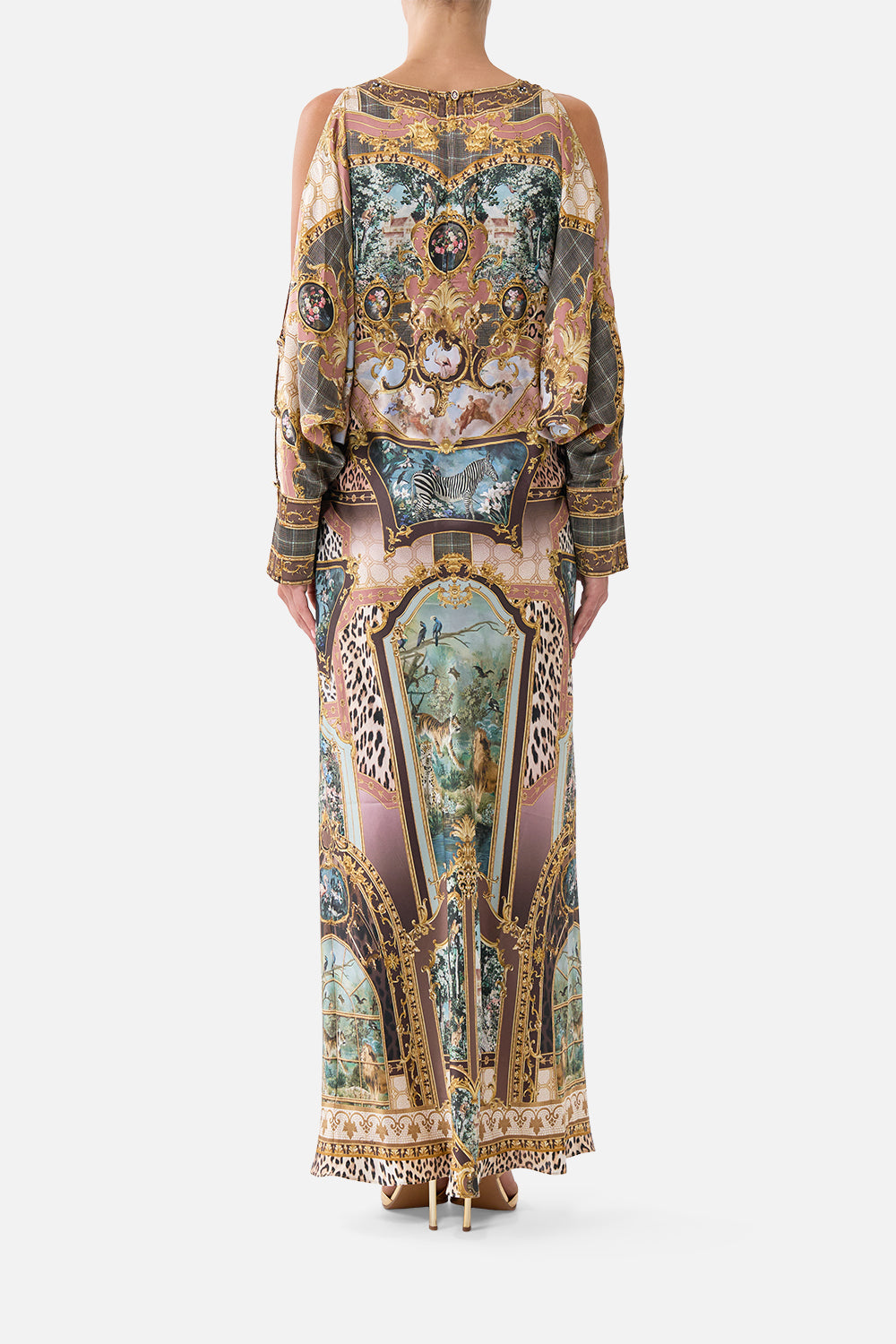 The CAMILLA Plunge Neck Draped Shoulder Dress Animals in the Palace in our Animals in the Palace print.