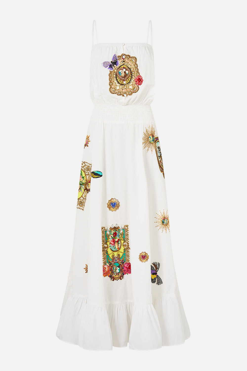 VESTIDO LARGO CON CINTURA FRUNCIDA Y ESTAMPADOS VINTAGE
