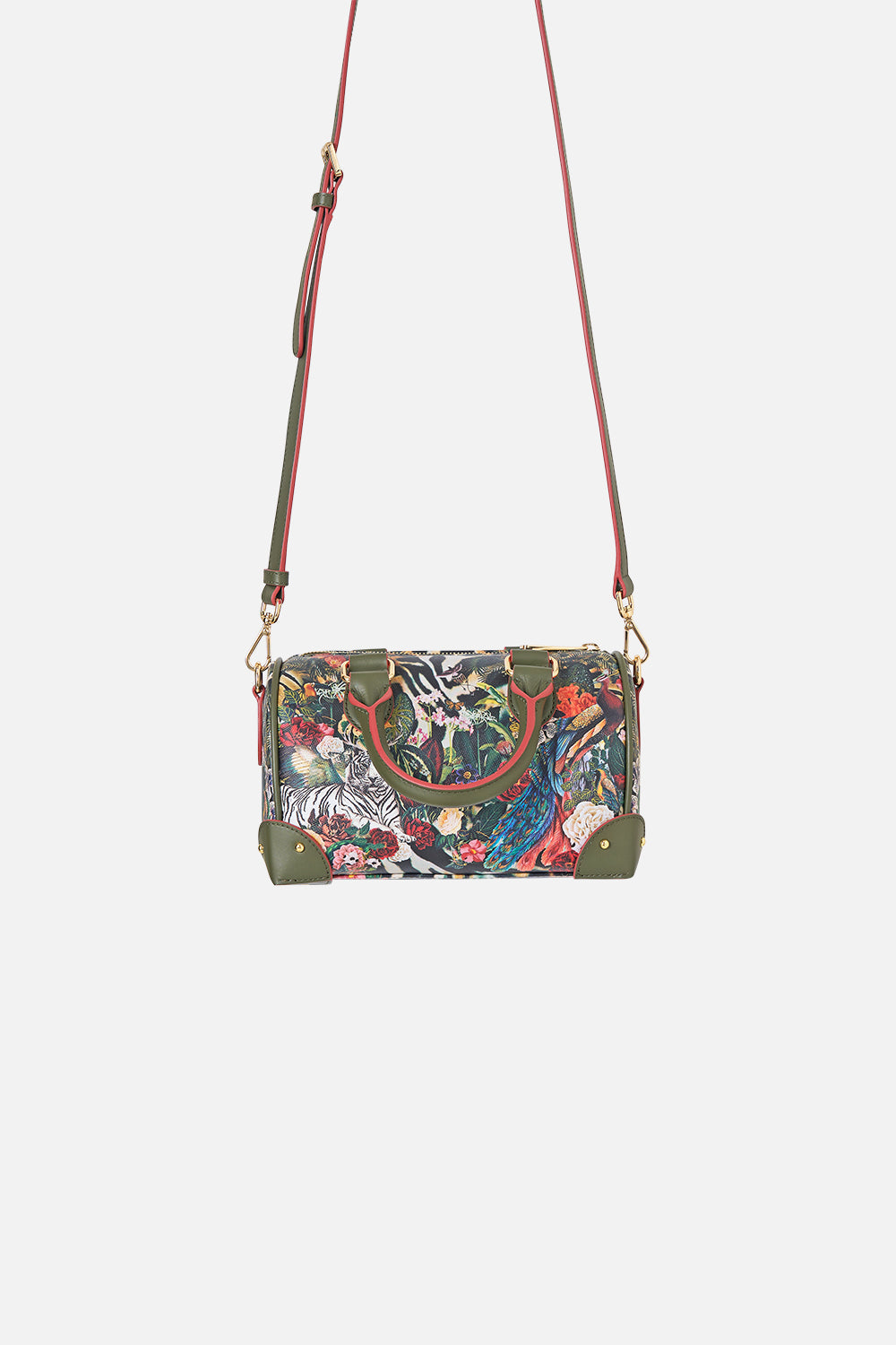The CAMILLA BARREL BAG WITH LEATHER TRIMS LEOTIGRA LAND in our  print.