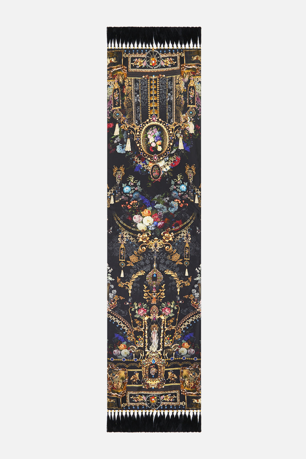 The CAMILLA LONG SCARF WITH TASSELS NIGHT GARDEN