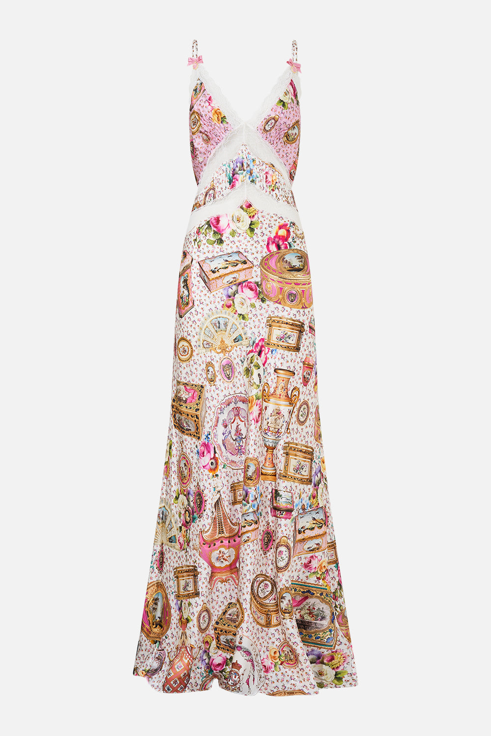 VESTIDO LENCERO LARGO DE CUELLO PICO Y CORTE AL BIES CON COLA DE LA COLECCIÓN "IN THE HEART OF ART"