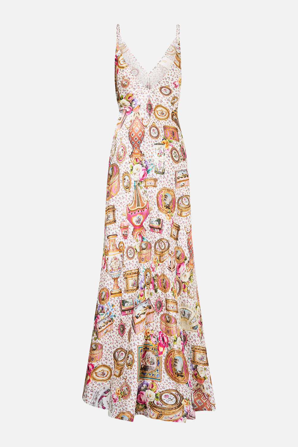 VESTIDO LENCERO LARGO DE CUELLO PICO Y CORTE AL BIES CON COLA DE LA COLECCIÓN "IN THE HEART OF ART"