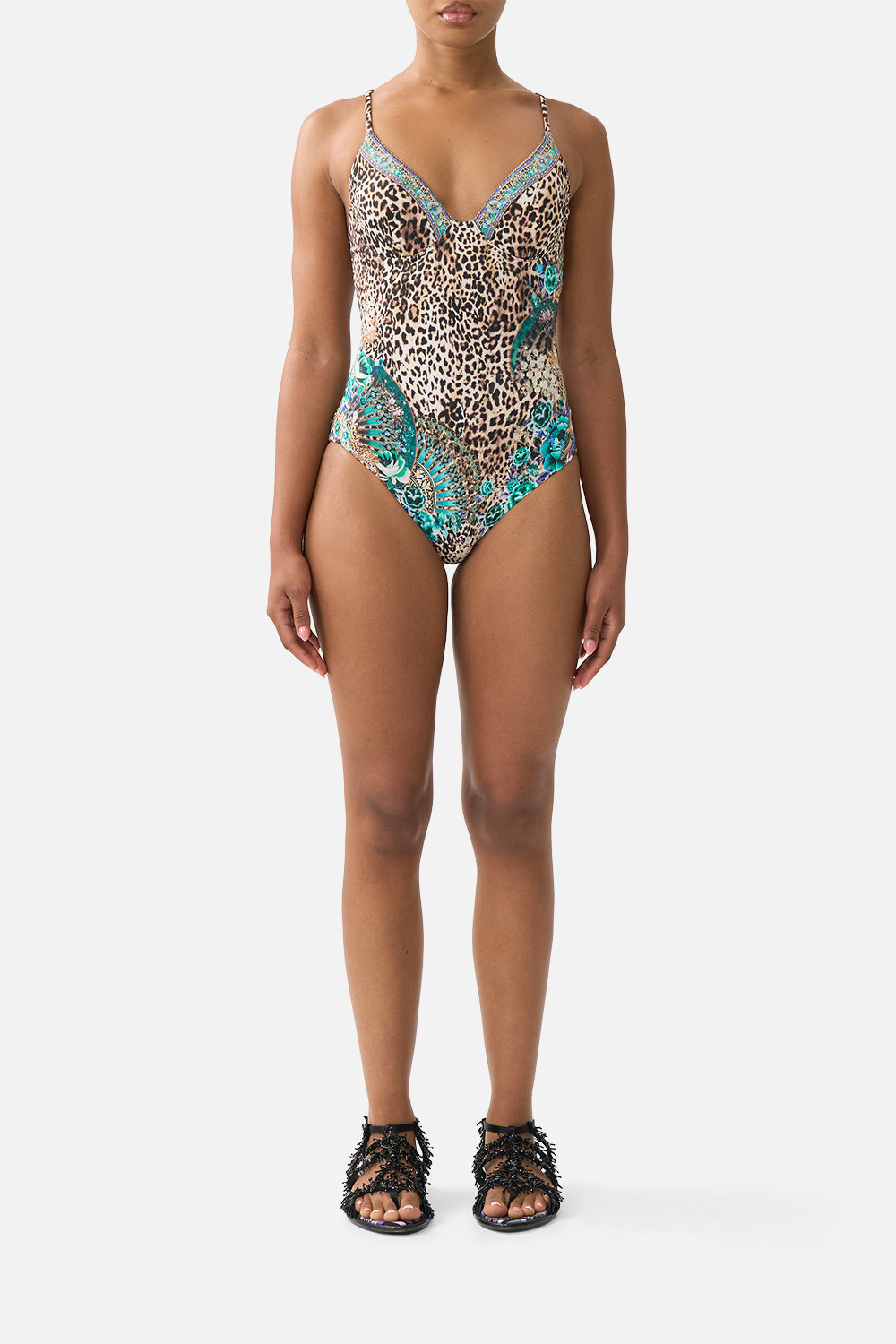 The CAMILLA soft high tri underwire one piece in our print Flamenco Euphoria. Front model view.
