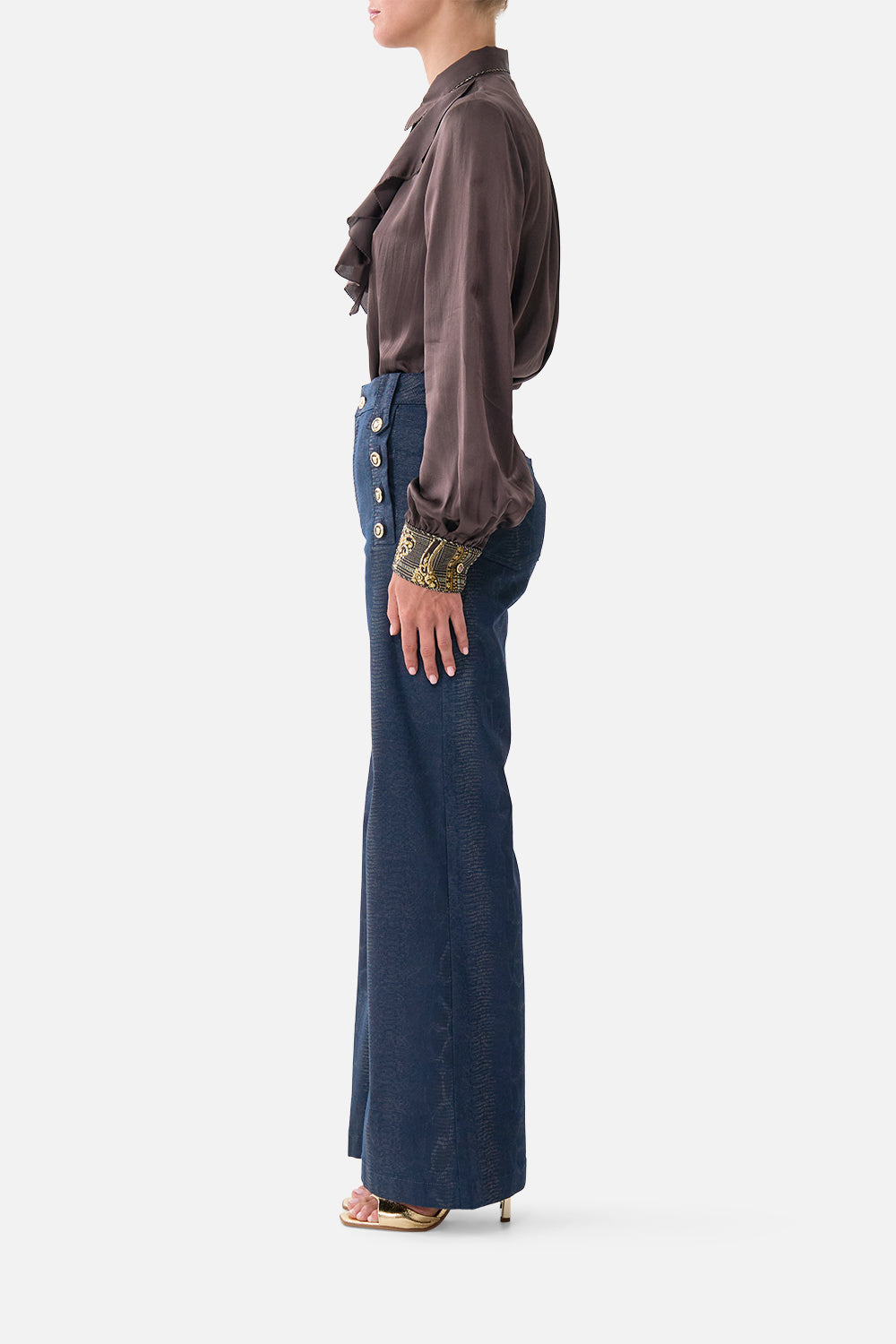 The CAMILLA Amanda Flare Jean with Hardware Detail Denim in our Denim print.