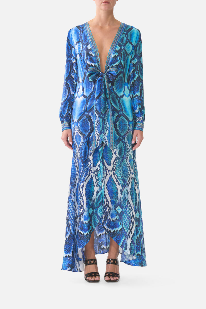 The The Sapphire Serpent Tie Waist Long Sleeve Dress