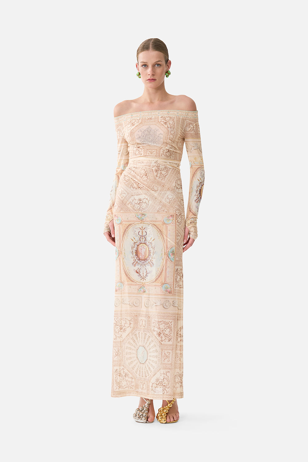 MESH OFF SHOULDER GATHERED JERSEY DRESS A BELOVED BOUDOIR