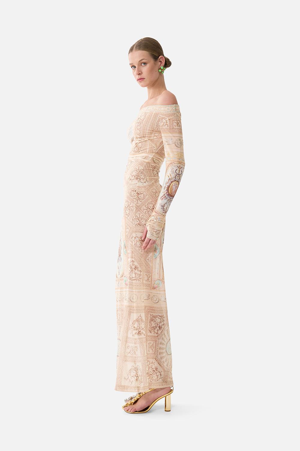 MESH OFF SHOULDER GATHERED JERSEY DRESS A BELOVED BOUDOIR