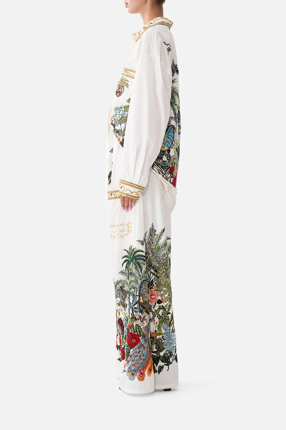 The CAMILLA Wide Leg Trouser with Front Pockets in our Wanderlust Empire print, side view on model.